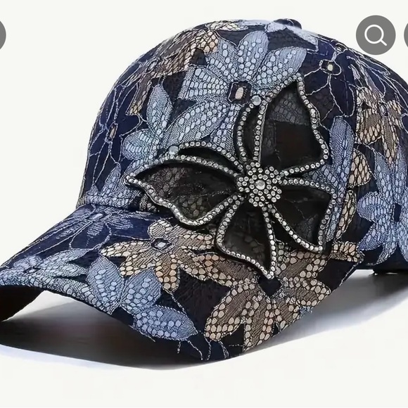 New, Floral& Rhinestone Embellished Cap - Blue and Black - Picture 4 of 9